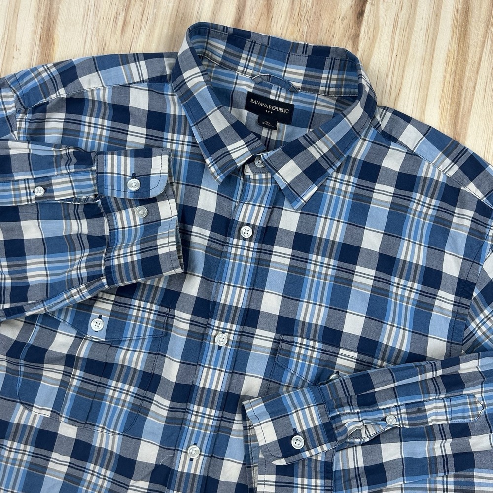 Banana Republic Shirt Men's Size 2XL Plaid Button Down Long Sleeve Cotton Blue